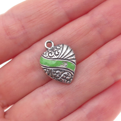 925 Sterling Silver Antique Art Deco Enamel Heart Chatelaine Charm Pendant