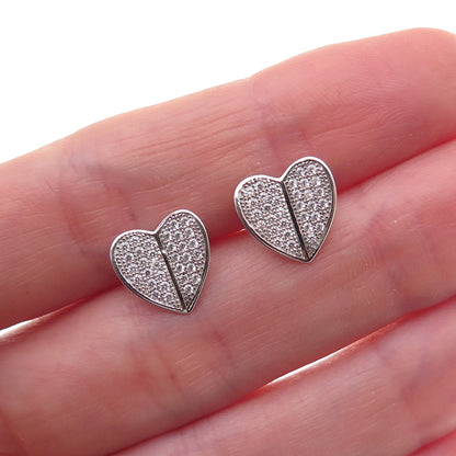 925 Sterling Silver Round-Cut C Z Heart Stud Earrings