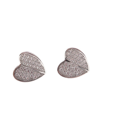 925 Sterling Silver Round-Cut C Z Heart Stud Earrings