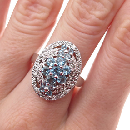 925 Sterling Silver Mexico Real Diamond & Blue Topaz Ring Size 7