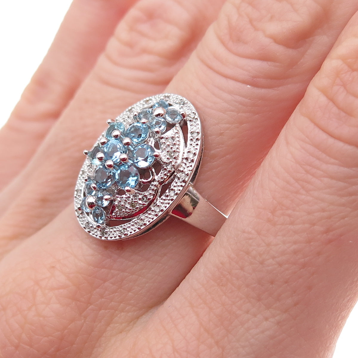 925 Sterling Silver Mexico Real Diamond & Blue Topaz Ring Size 7