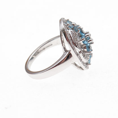 925 Sterling Silver Mexico Real Diamond & Blue Topaz Ring Size 7