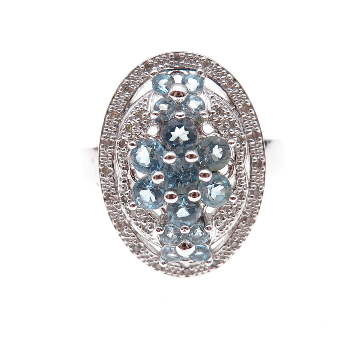 925 Sterling Silver Mexico Real Diamond & Blue Topaz Ring Size 7