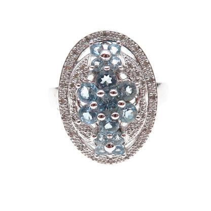 925 Sterling Silver Mexico Real Diamond & Blue Topaz Ring Size 7