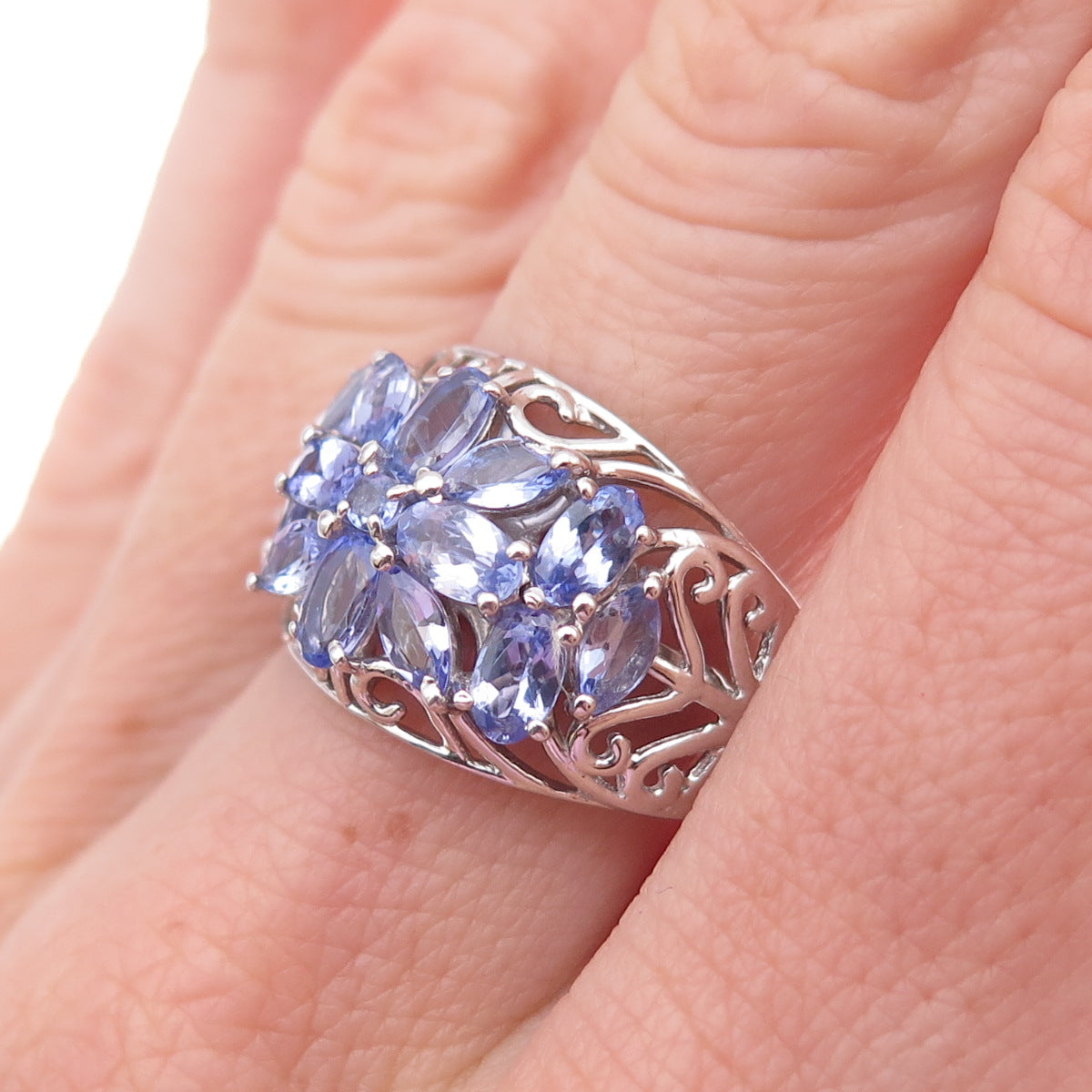 Chuck Clemency 925 Sterling Silver Real Tanzanite Floral Ring Size 8.25