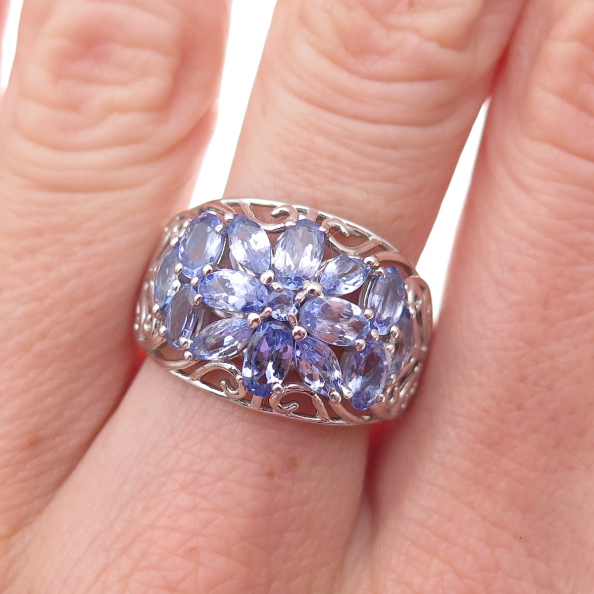 Chuck Clemency 925 Sterling Silver Real Tanzanite Floral Ring Size 8.25