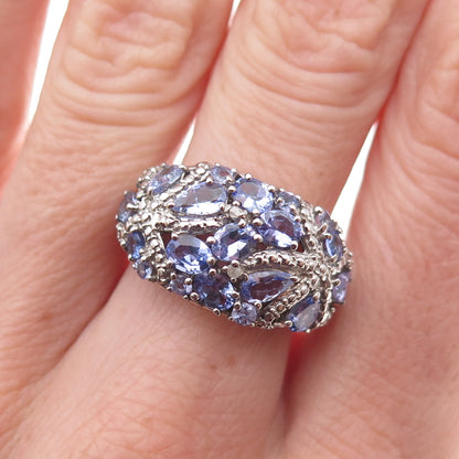 Chuck Clemency Sterling Silver Real Diamond & Tanzanite Starfish Ring Size 7.75