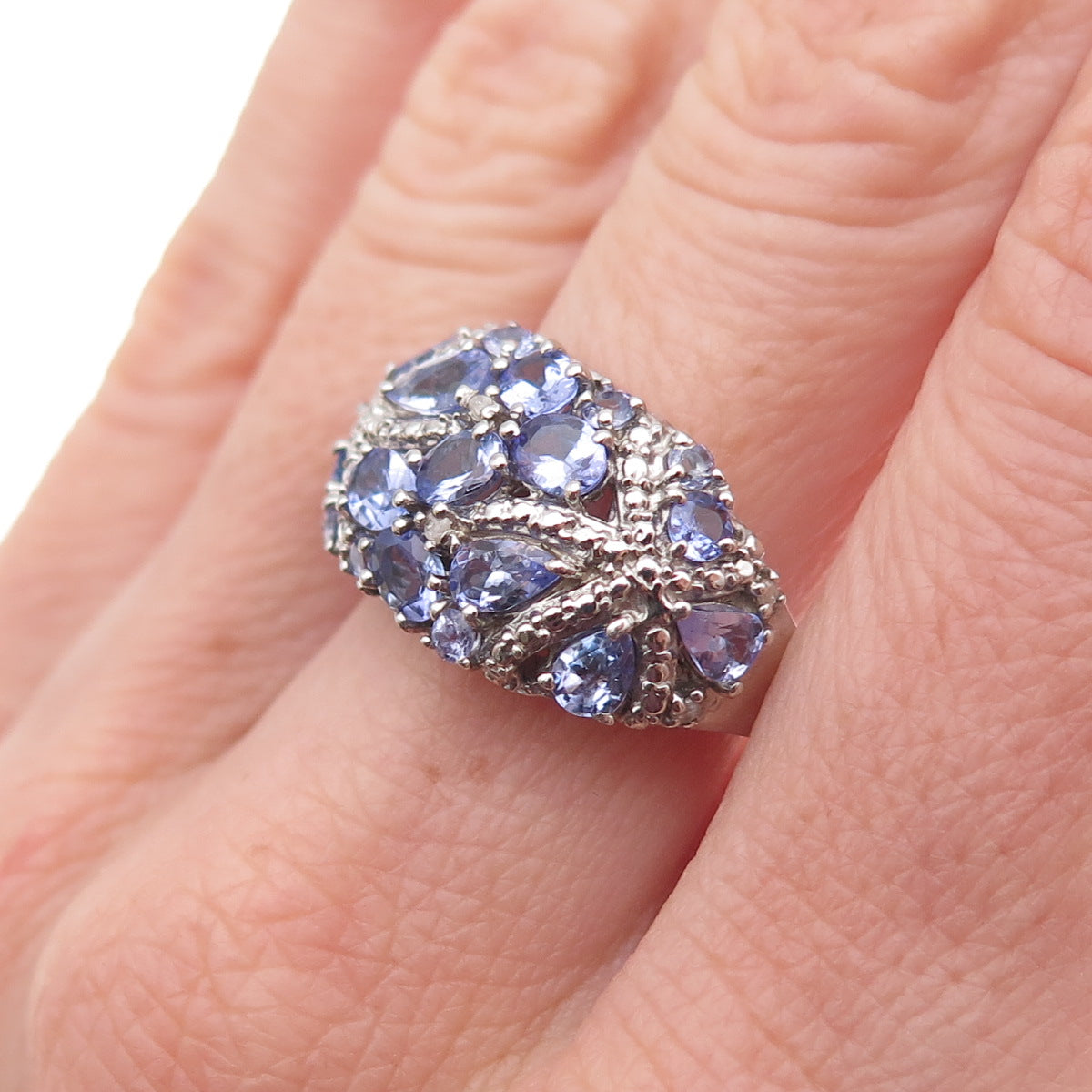 Chuck Clemency Sterling Silver Real Diamond & Tanzanite Starfish Ring Size 7.75