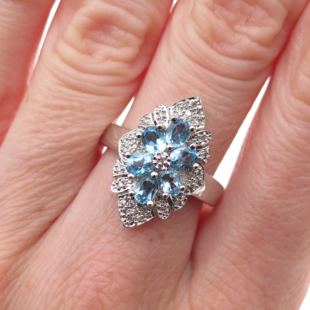 925 Sterling Silver 2-Tone Mexico Real Diamond & Blue Topaz Ring Size 7