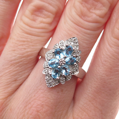 925 Sterling Silver 2-Tone Mexico Real Diamond & Blue Topaz Ring Size 7