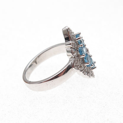 925 Sterling Silver 2-Tone Mexico Real Diamond & Blue Topaz Ring Size 7