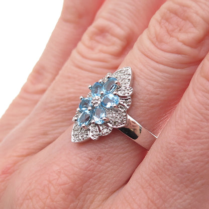 925 Sterling Silver 2-Tone Mexico Real Diamond & Blue Topaz Ring Size 7