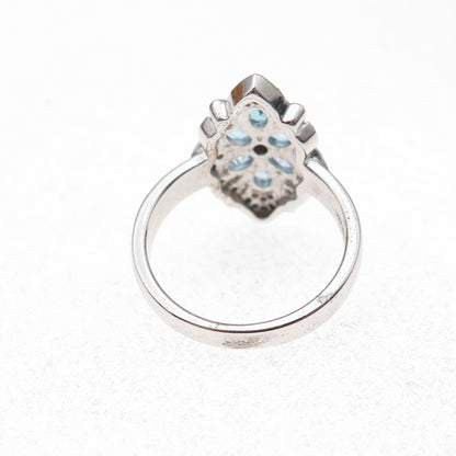 925 Sterling Silver 2-Tone Mexico Real Diamond & Blue Topaz Ring Size 7