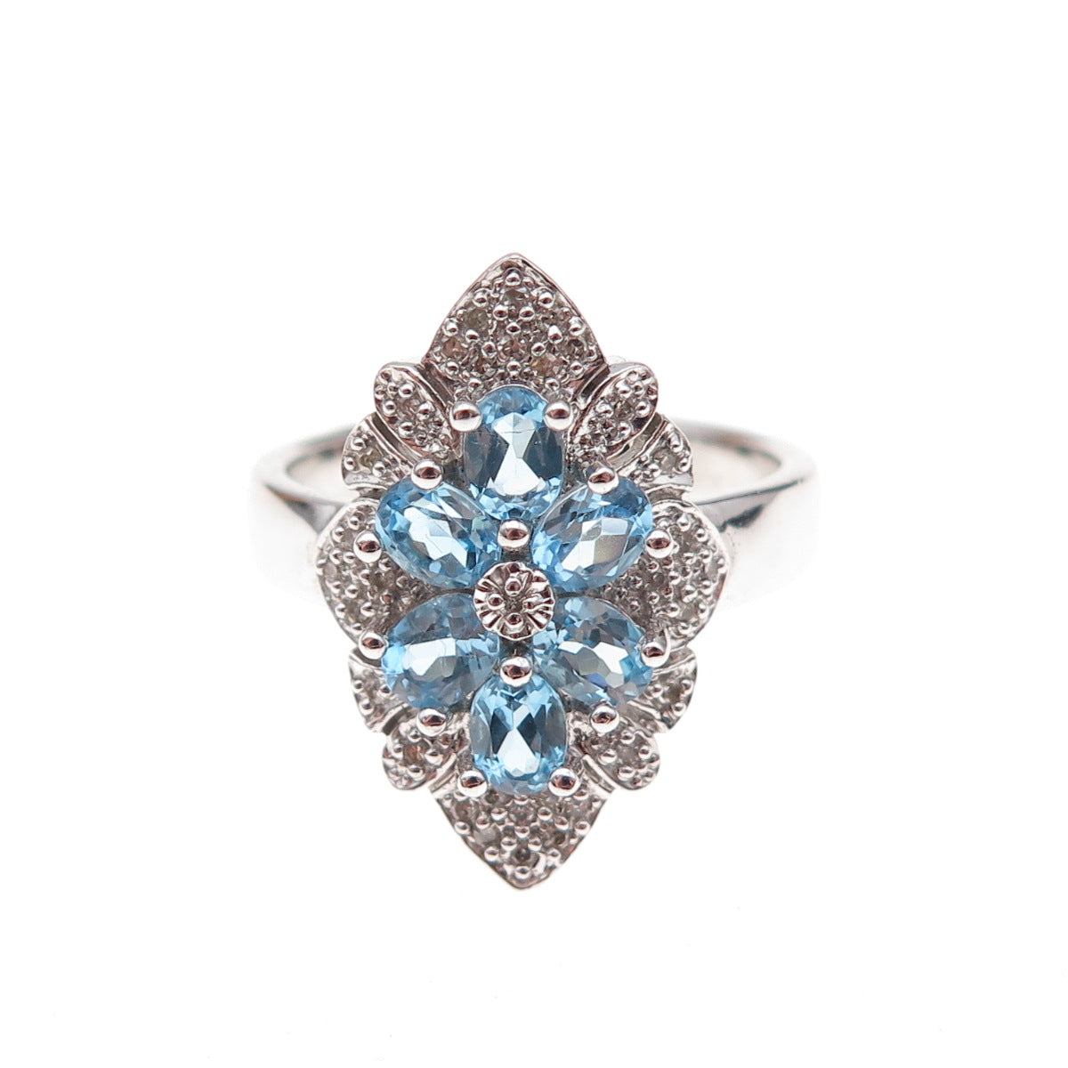 925 Sterling Silver 2-Tone Mexico Real Diamond & Blue Topaz Ring Size 7
