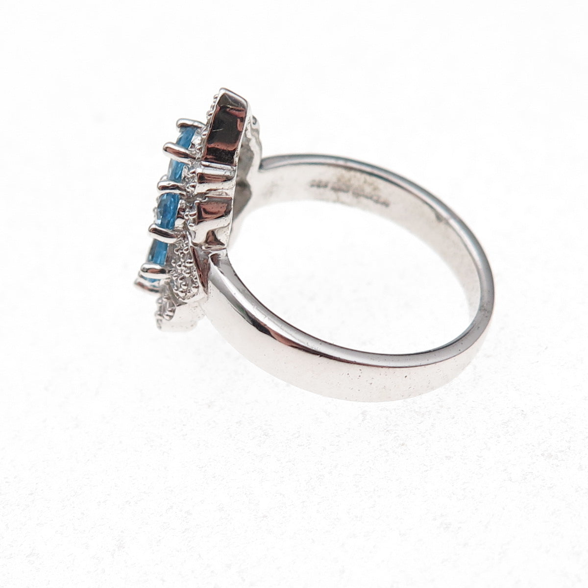 925 Sterling Silver 2-Tone Mexico Real Diamond & Blue Topaz Ring Size 7