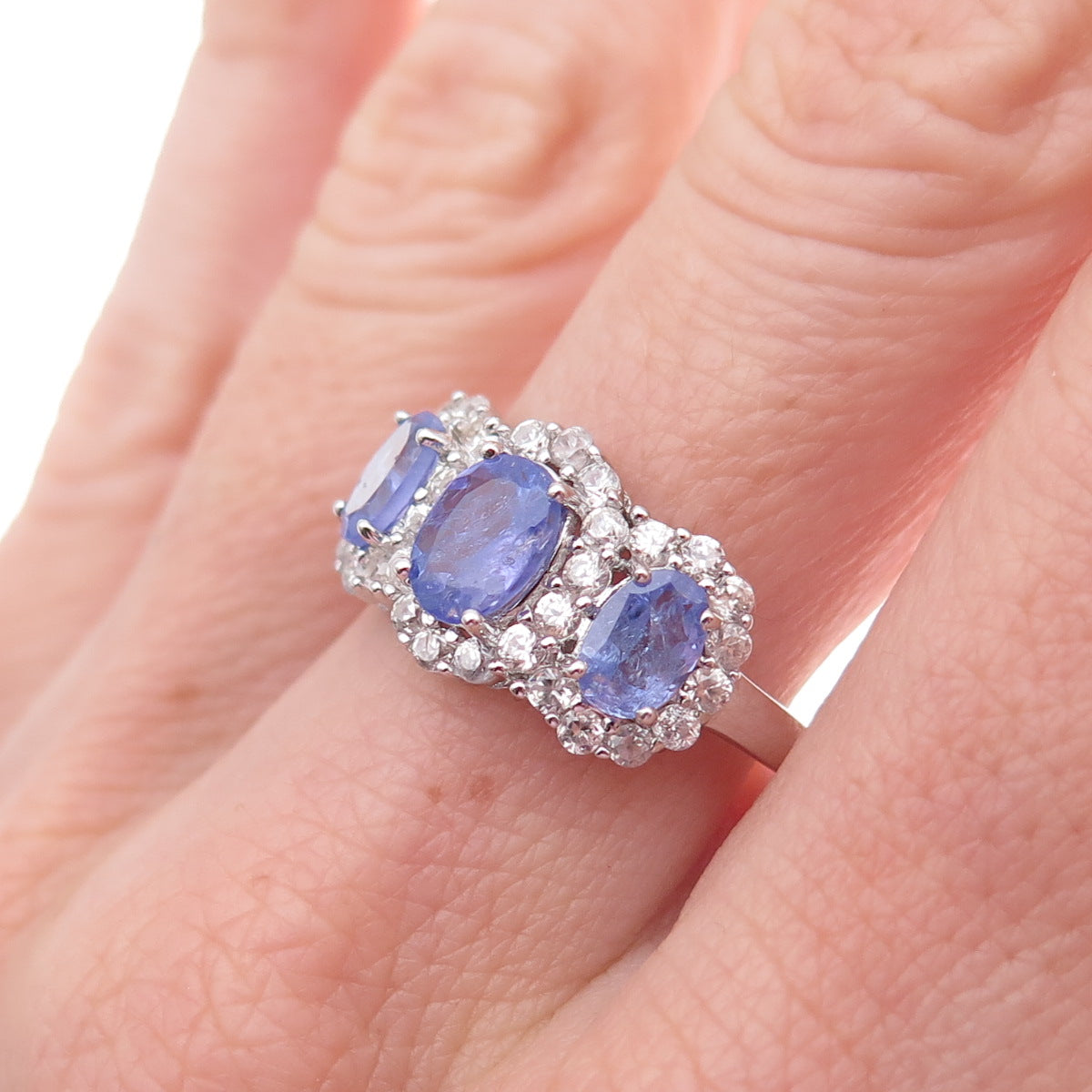 925 Sterling Silver Real Tanzanite & White Topaz Ring Size 8