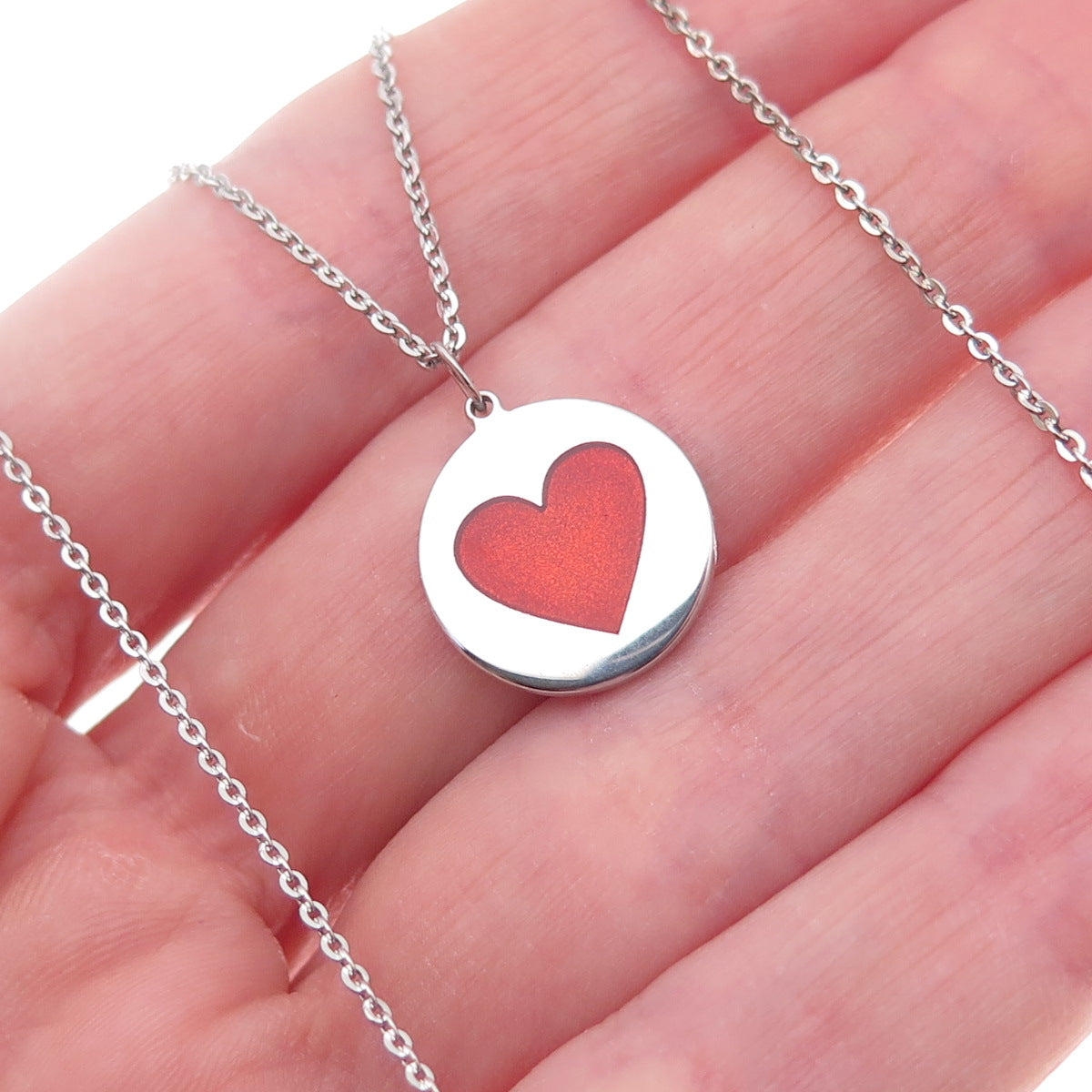 Tokemoti 925 Sterling Silver Red Enamel Heart Cable Chain Necklace 18"