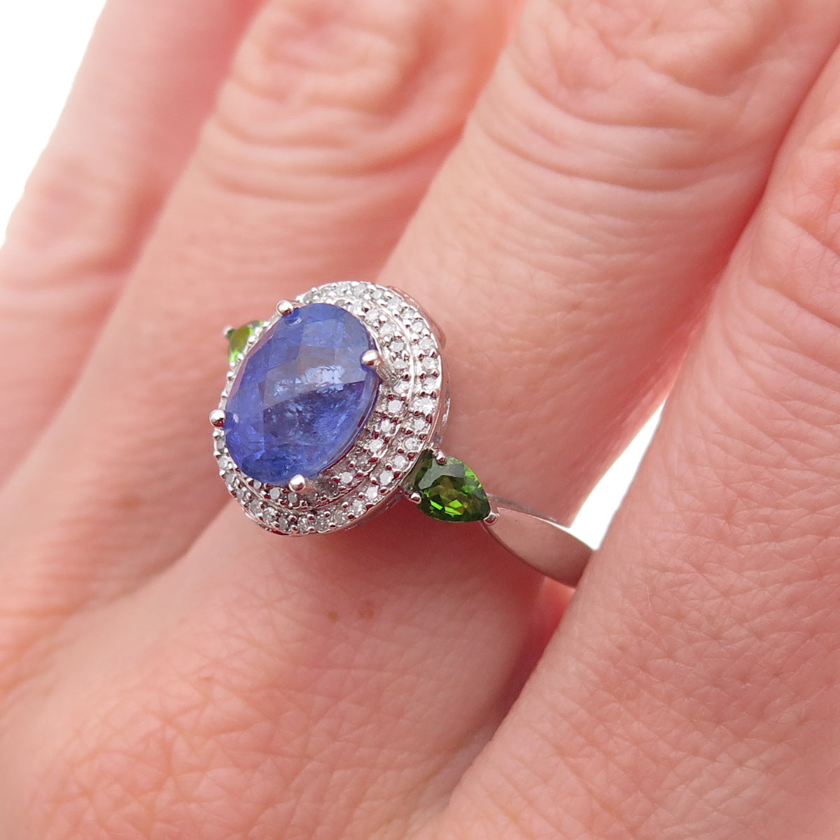 Seiden Gang 925 Sterling Silver Real Diamond Tanzanite & Peridot Ring Size 8