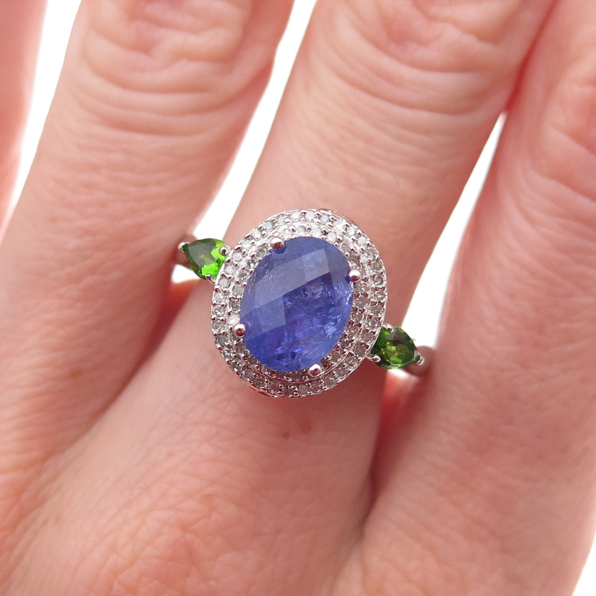 Seiden Gang 925 Sterling Silver Real Diamond Tanzanite & Peridot Ring Size 8