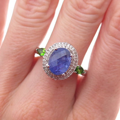 Seiden Gang 925 Sterling Silver Real Diamond Tanzanite & Peridot Ring Size 8