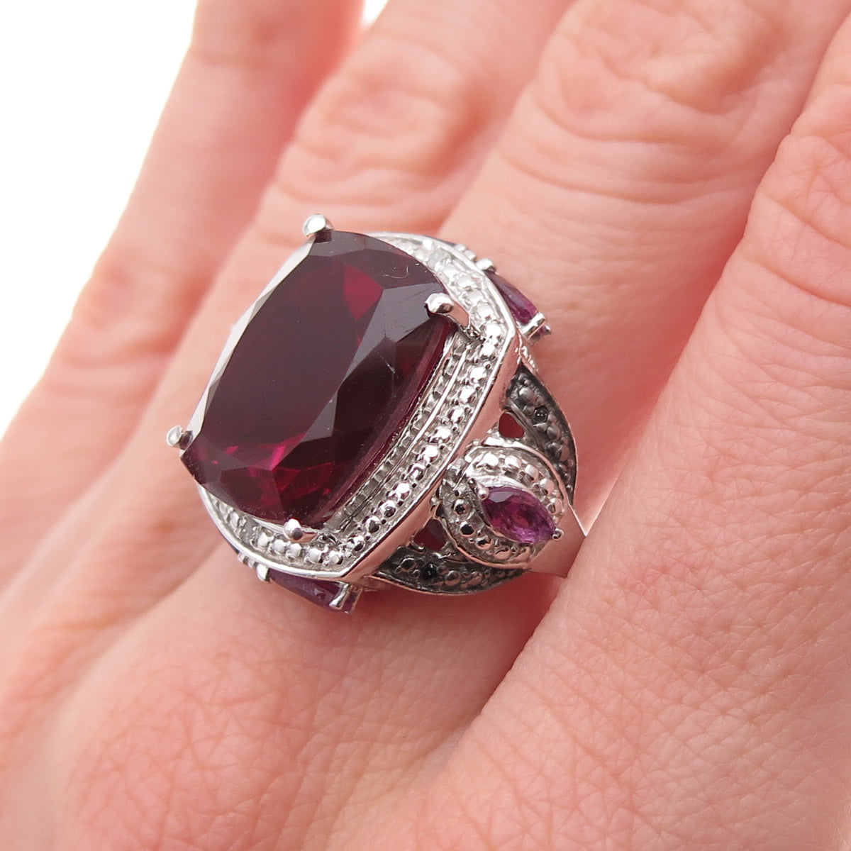 Chuck Clemency 925 Sterling Silver Real Diamond & Rhodolite Ring Size 8