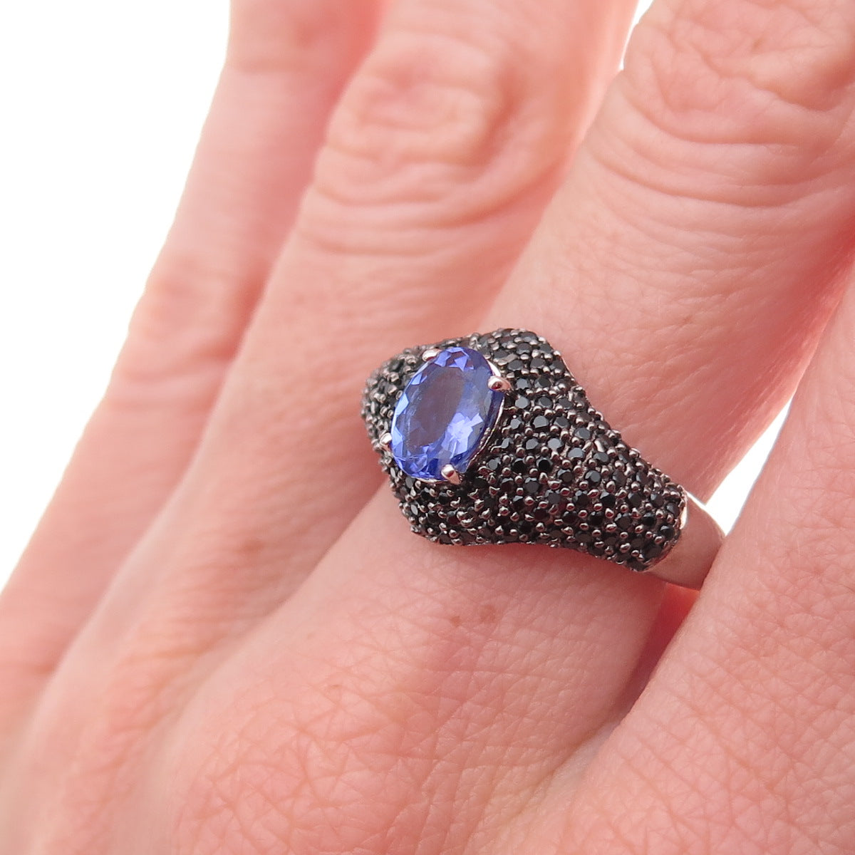 Chuck Clemency 925 Sterling Silver Real Tanzanite & Black Spinel Ring Size 8.25