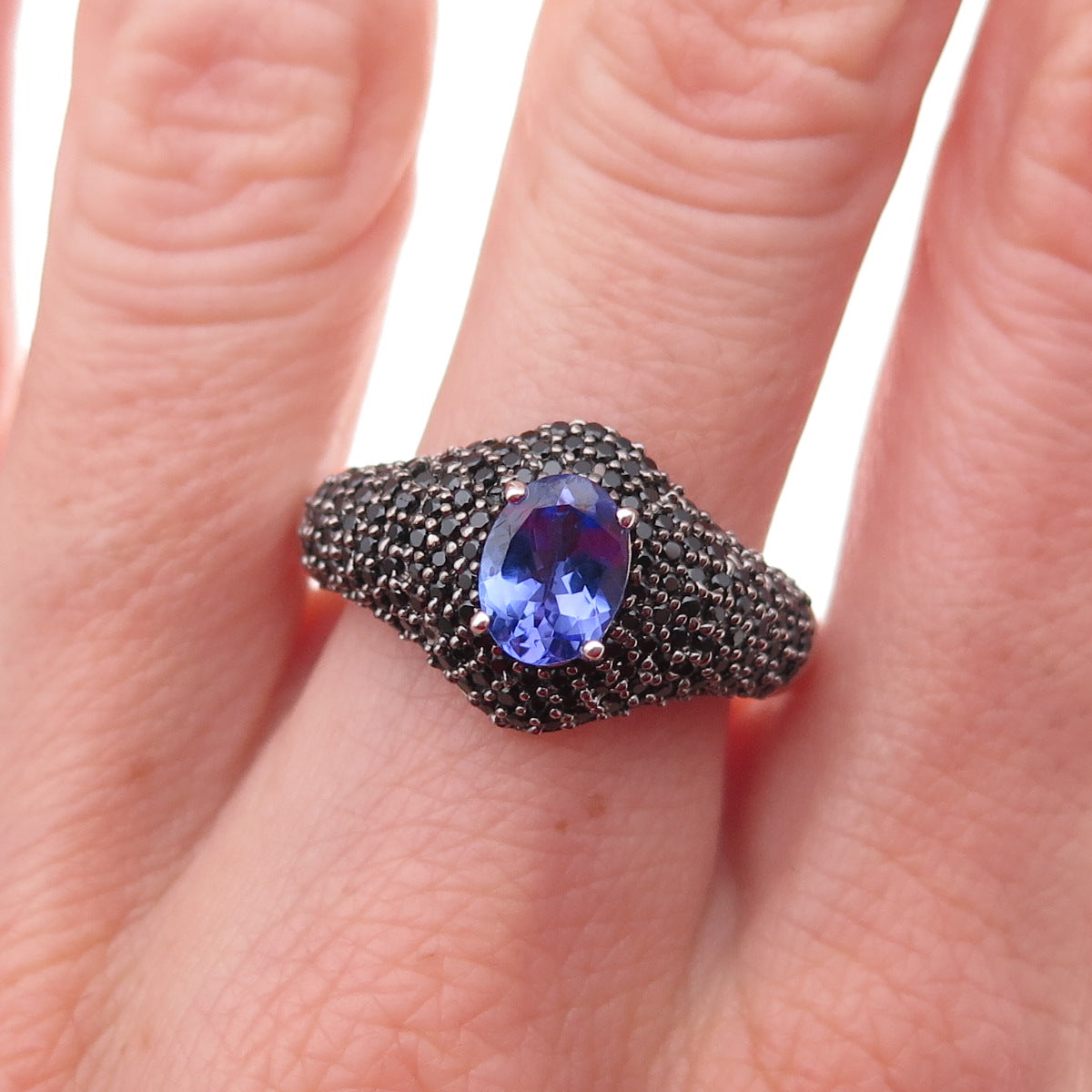 Chuck Clemency 925 Sterling Silver Real Tanzanite & Black Spinel Ring Size 8.25