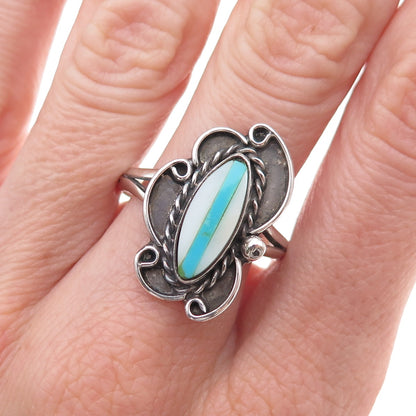 Old Pawn 925 Sterling Silver Vintage Southwestern Turquoise & MOP Ring Size 9.75