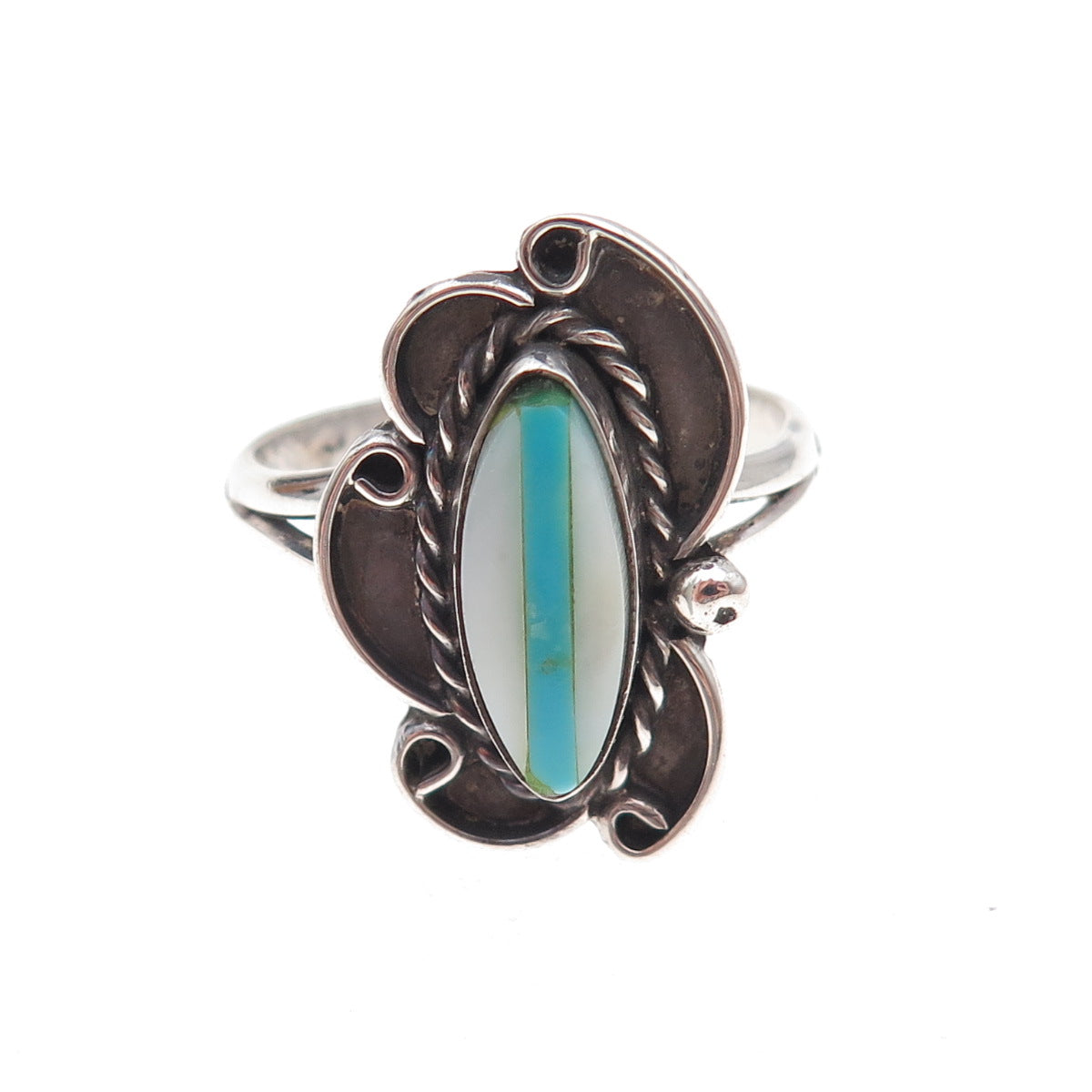 Old Pawn 925 Sterling Silver Vintage Southwestern Turquoise & MOP Ring Size 9.75