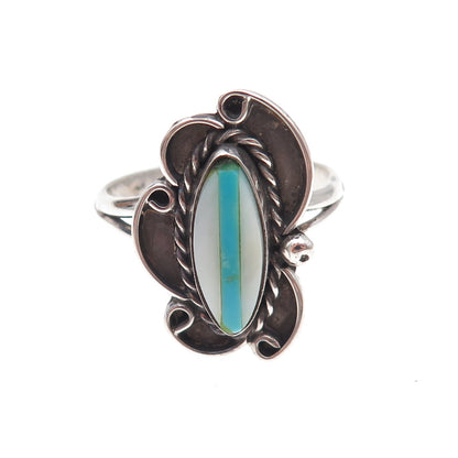 Old Pawn 925 Sterling Silver Vintage Southwestern Turquoise & MOP Ring Size 9.75