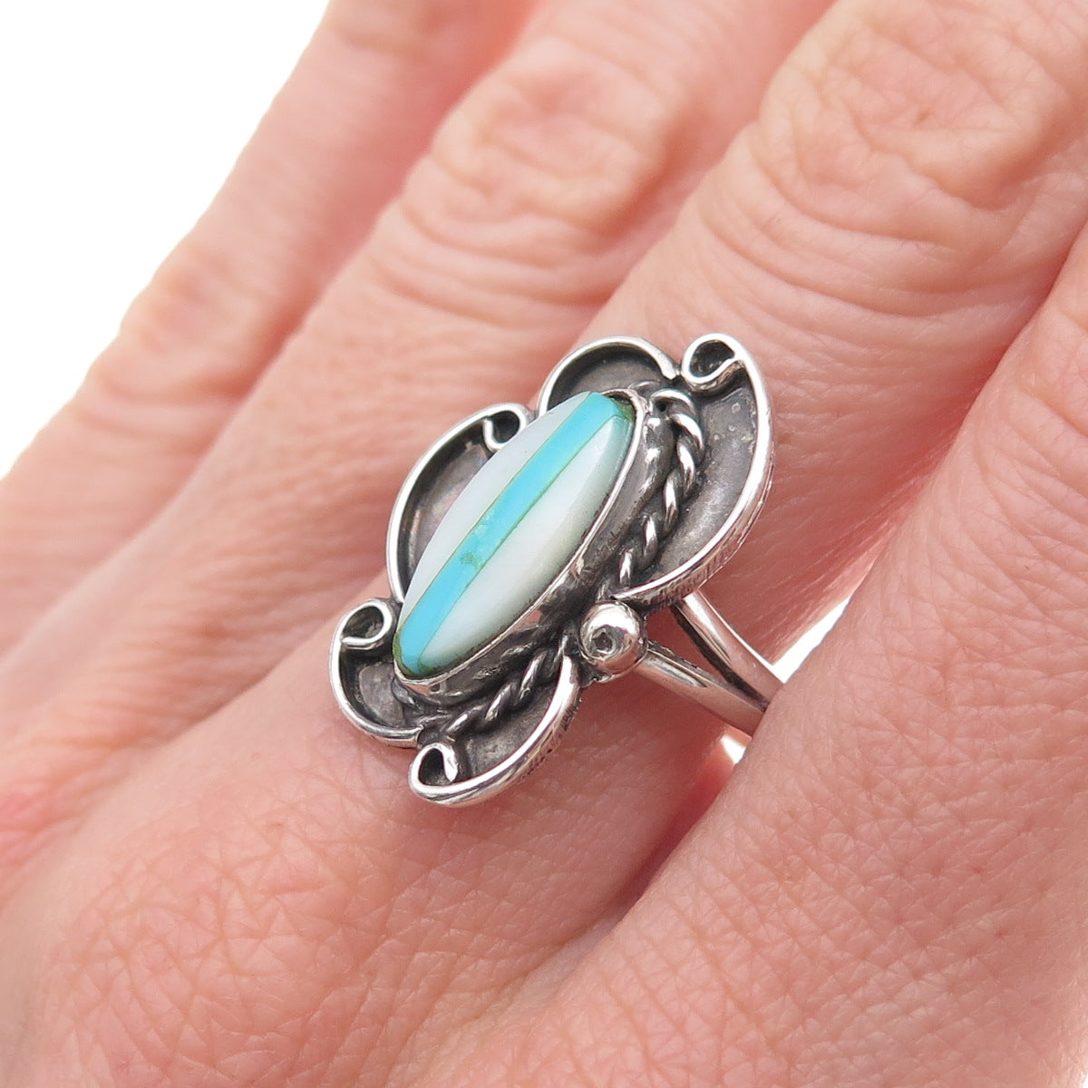 Old Pawn 925 Sterling Silver Vintage Southwestern Turquoise & MOP Ring Size 9.75