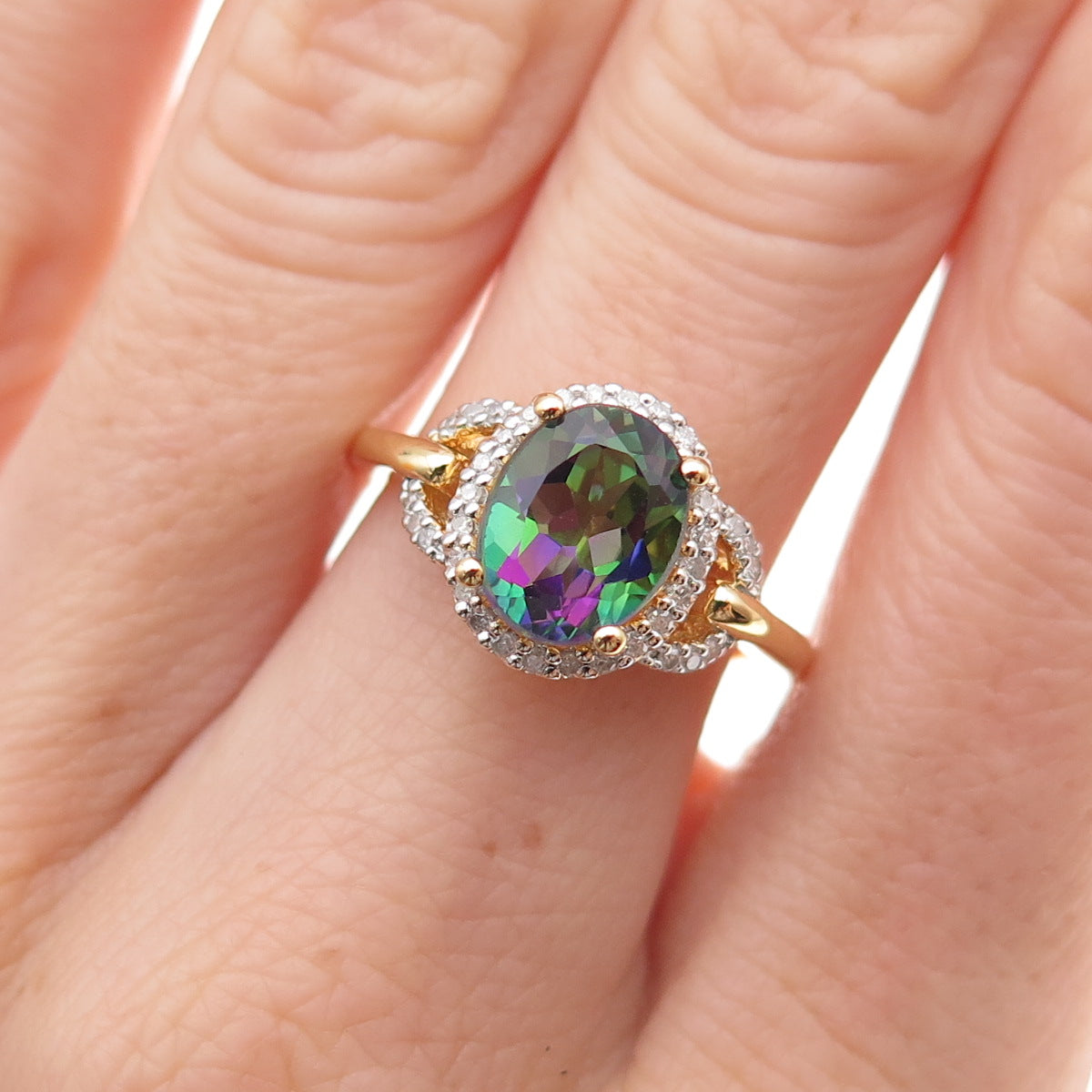 Sai 925 Sterling Silver Gold Plated Real Diamond & Mystic Topaz Ring Size 7