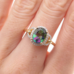 Sai 925 Sterling Silver Gold Plated Real Diamond & Mystic Topaz Ring Size 7