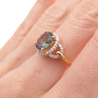 Sai 925 Sterling Silver Gold Plated Real Diamond & Mystic Topaz Ring Size 7