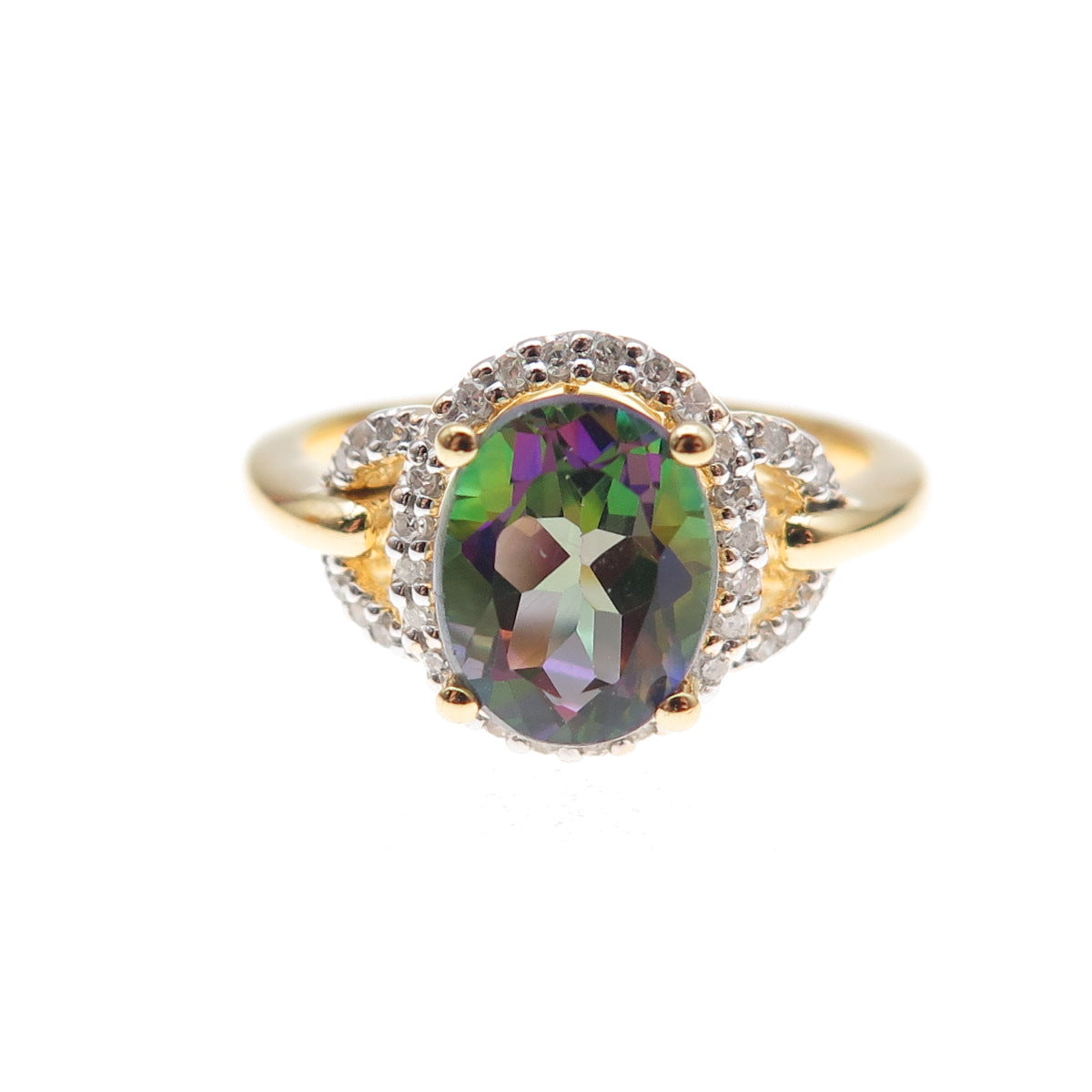Sai 925 Sterling Silver Gold Plated Real Diamond & Mystic Topaz Ring Size 7