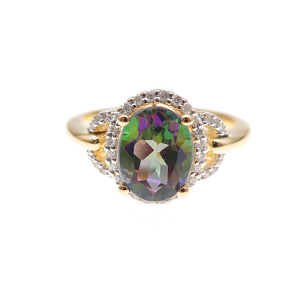 Sai 925 Sterling Silver Gold Plated Real Diamond & Mystic Topaz Ring Size 7