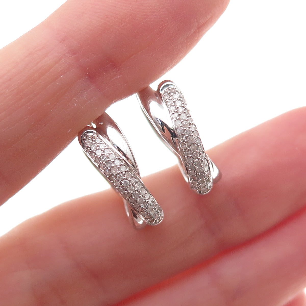 925 Sterling Silver Real Round-Cut Diamond Crisscross Hoop Earrings