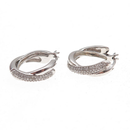 925 Sterling Silver Real Round-Cut Diamond Crisscross Hoop Earrings