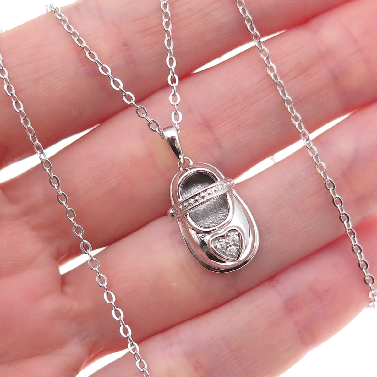 925 Sterling Silver Real Diamond Heart Baby Shoe Cable Chain Necklace 18"