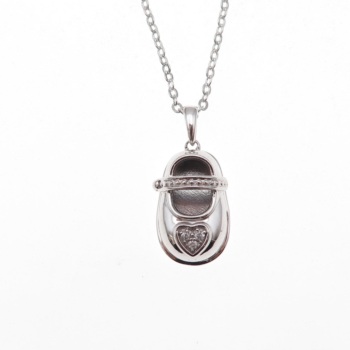 925 Sterling Silver Real Diamond Heart Baby Shoe Cable Chain Necklace 18"