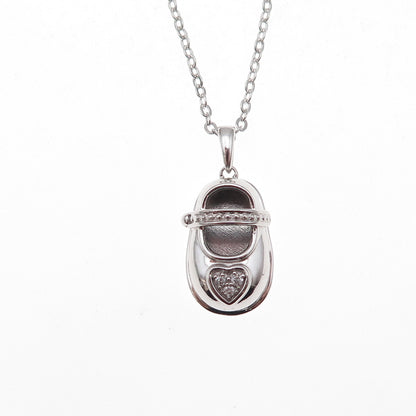 925 Sterling Silver Real Diamond Heart Baby Shoe Cable Chain Necklace 18"