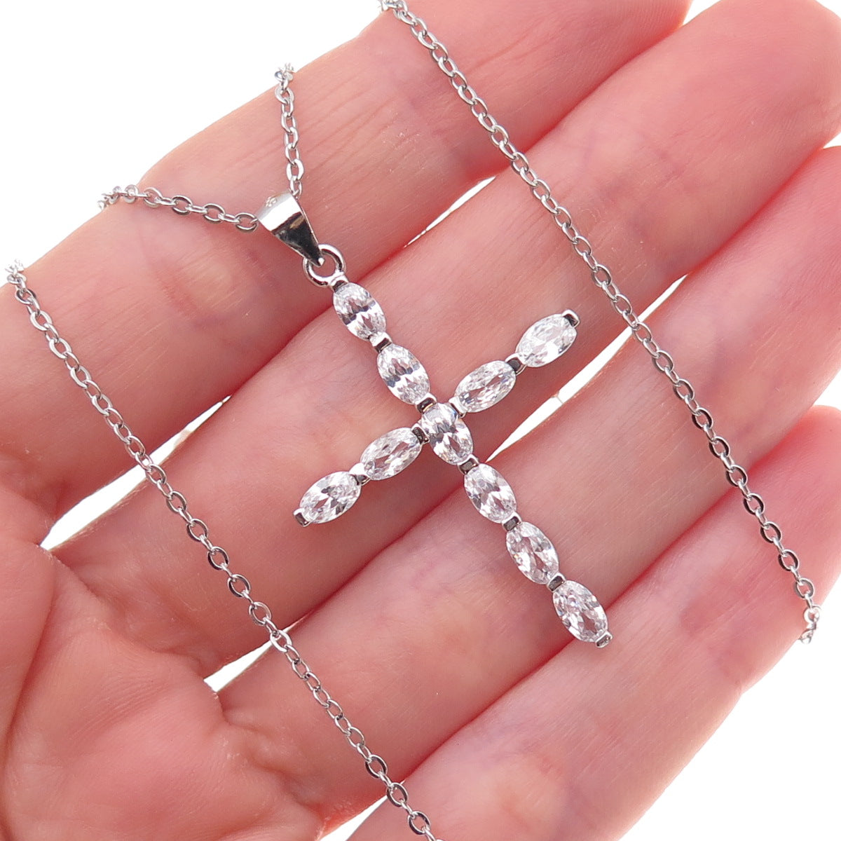 925 Sterling Silver Oval-Cut C Z Cross Cable Chain Necklace 18"
