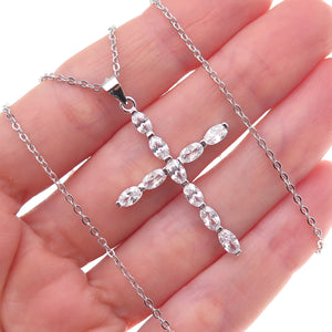925 Sterling Silver Oval-Cut C Z Cross Cable Chain Necklace 18"