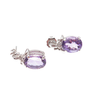 925 Sterling Silver Mexico Real Diamond Accent & Amethyst Bow Earrings