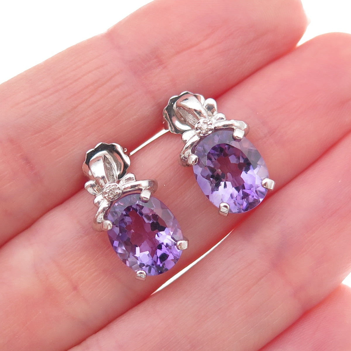 925 Sterling Silver Mexico Real Diamond Accent & Amethyst Bow Earrings