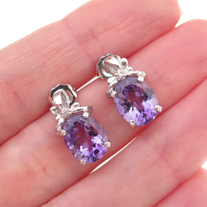 925 Sterling Silver Mexico Real Diamond Accent & Amethyst Bow Earrings
