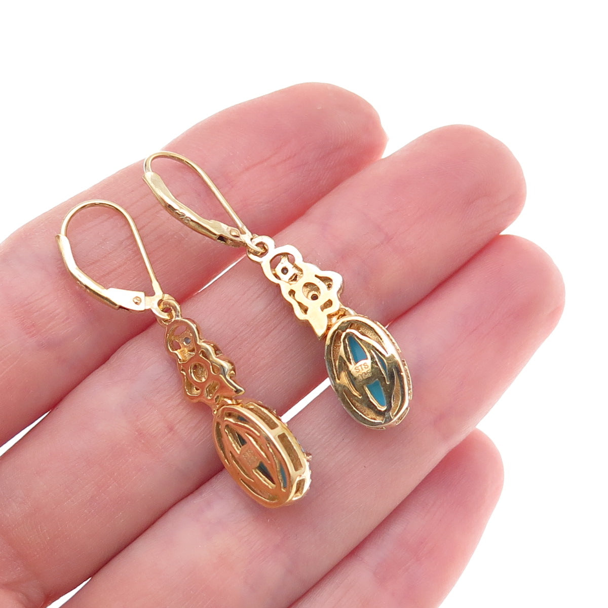 Chuck Clemency Sterling Gold Plated Real Turquoise White Topaz Apatite Earrings