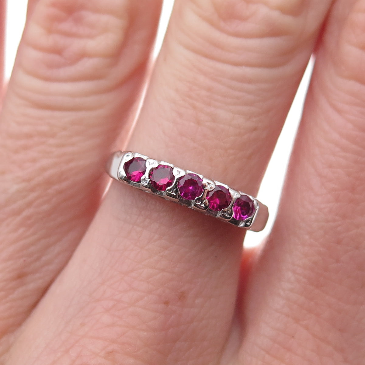 925 Sterling Silver Antique Art Deco Real Round-Cut Ruby Ring Size 7.25