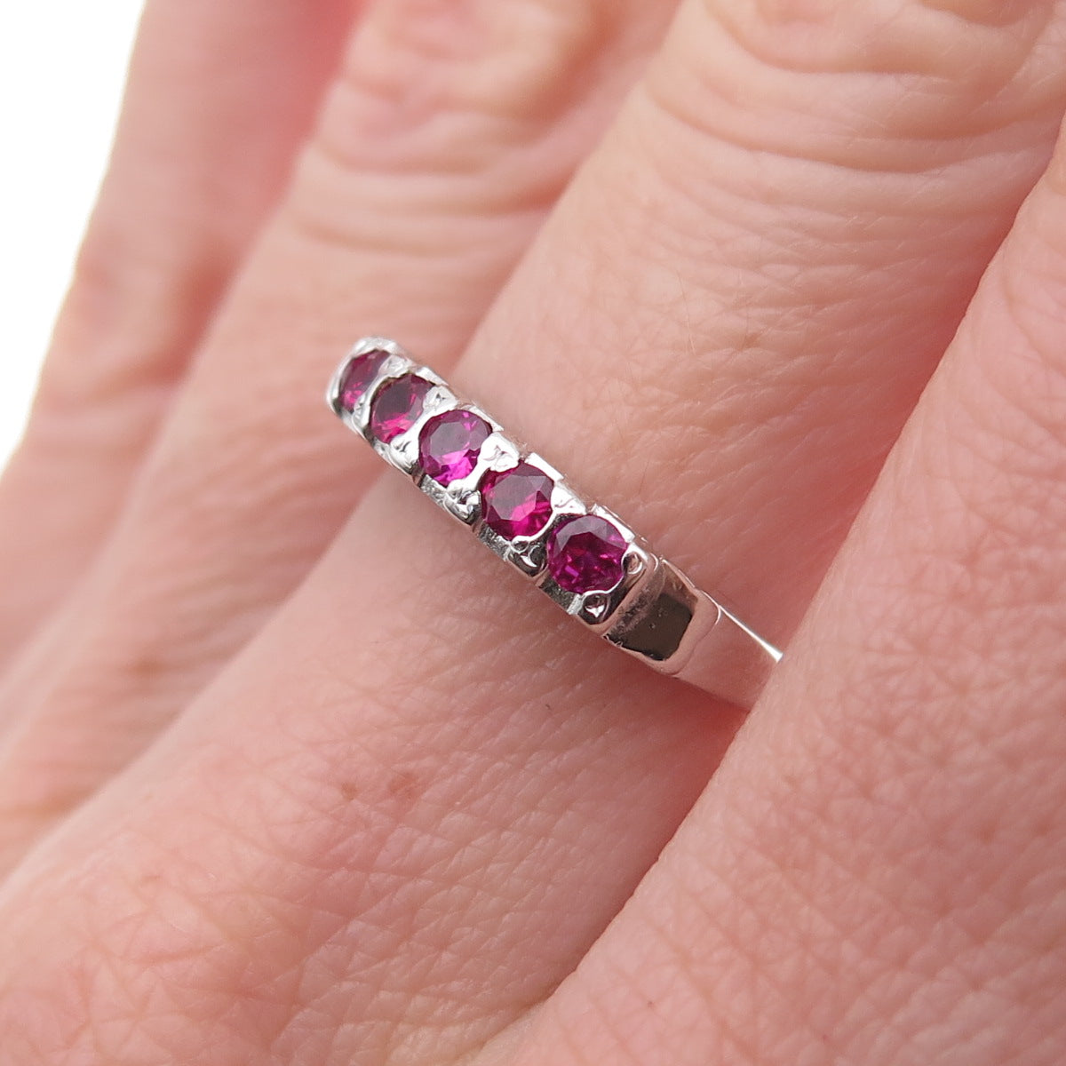 925 Sterling Silver Antique Art Deco Real Round-Cut Ruby Ring Size 7.25