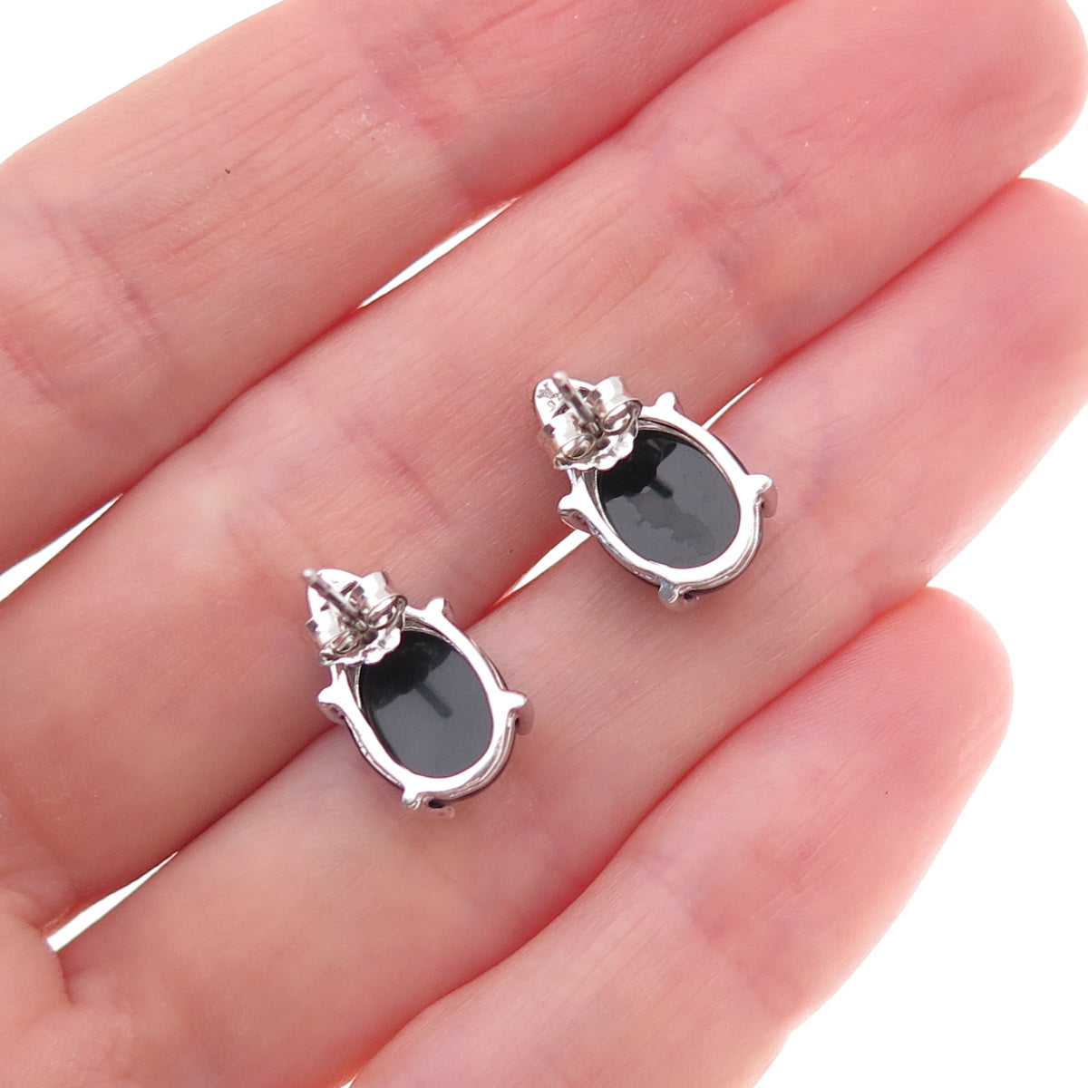 925 Sterling Silver Real Diamond & Black Onyx Stud Earrings